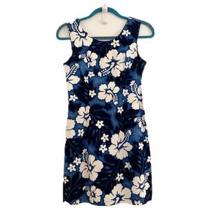 Pacific Legend Hawaii Cotton Blue Floral Hibiscus Sun Dress Sleeveless Zip Small